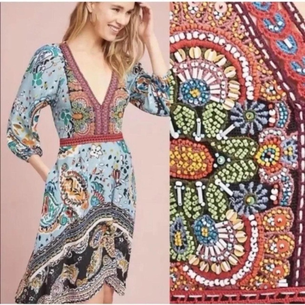 Anthropologie Akemi + Kin beaded Karmina V-Neck Boho Sundress